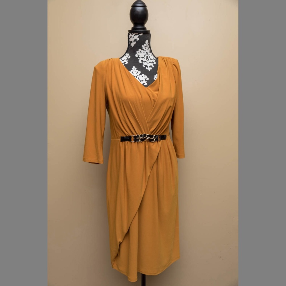 Yellow Professional Curvy Faux Wrap Dress Medium